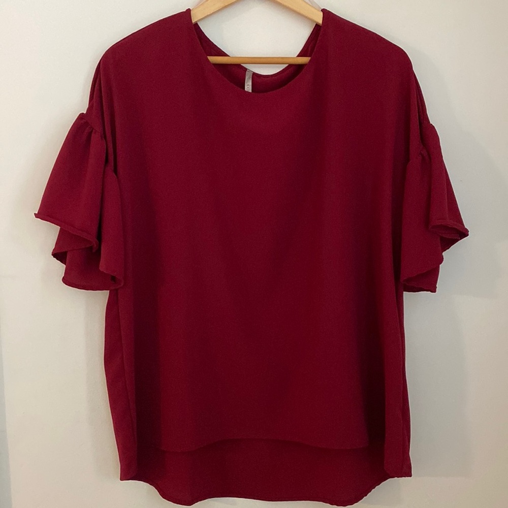 Burgundy flutter sleeve blouse